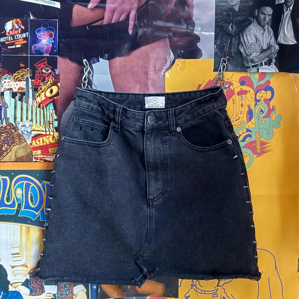 Black Denim Skirt with Side Studs